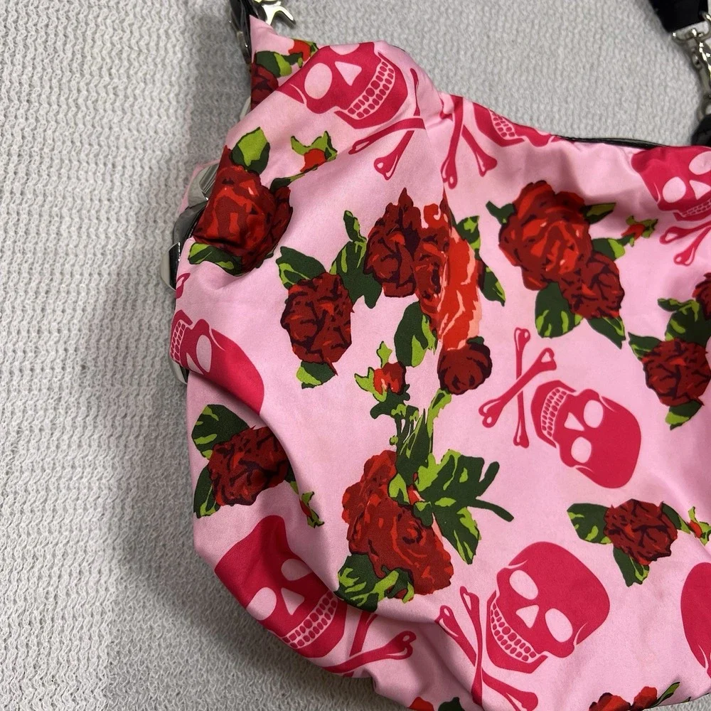 Betseyville Pink Skull Rose Print Hobo Shoulder Bag Studded Accents Y2K Emo Goth